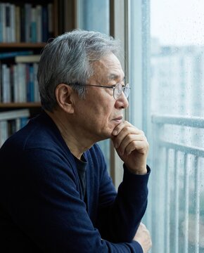 Generative AI, Senior man looking thoughtfully out a rainy window