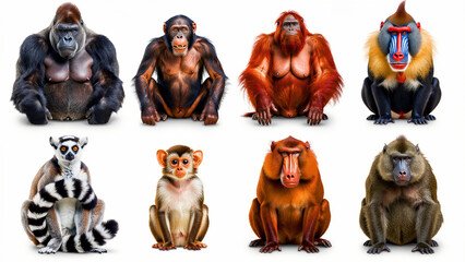 Fototapeta premium Set of eight diverse primate species sitting on white background. Portraits of gorilla, chimpanzee, orangutan, and baboon. Animal biodiversity concept for educational and scientific use.