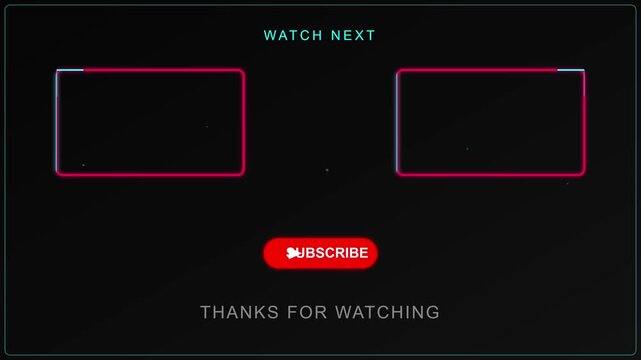 Video end screen template features two placeholders for related content with a prominent subscribe button for the viewers.