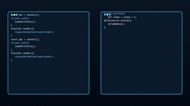 Programming code displays on a dark background showing software development syntax within two distinct rectangular containers.