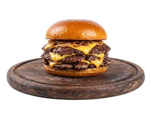 Side view of a huge triple beef smash burger with melted cheese on a wooden board isolated element on transparent background.