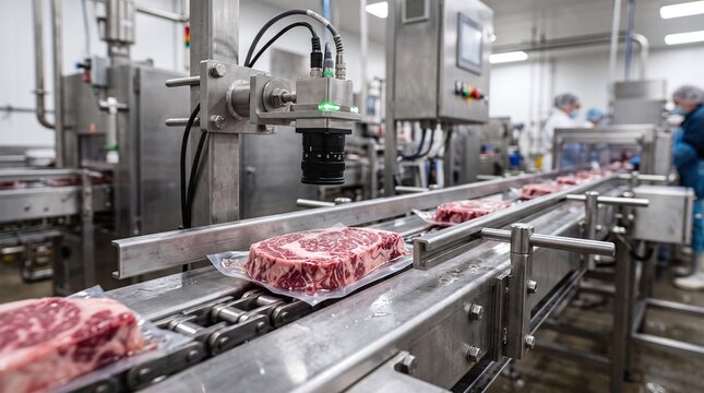 Automated meat packaging line with conveyor belt and camera inspection system