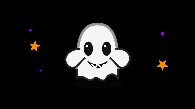 Ghost illustration displays a friendly cartoon character smiling with orange stars floating on a solid black background.