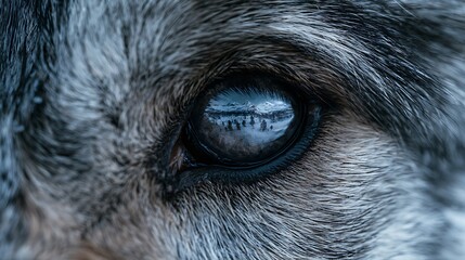 Obraz premium Close up of a wolf eye reflecting the winter landscape.