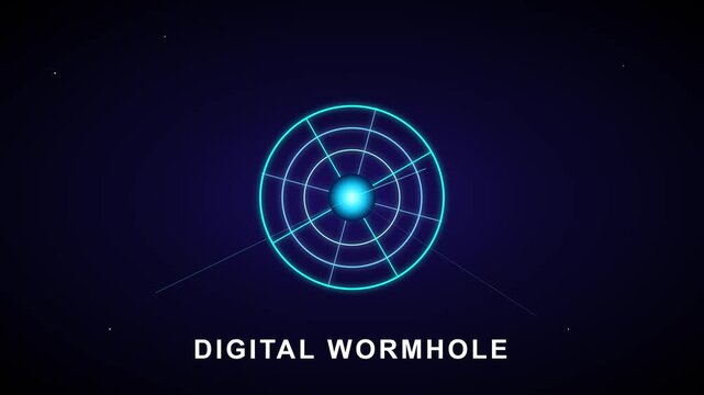 Digital wormhole graphic illustrates a glowing portal design set against a deep blue background with abstract light.