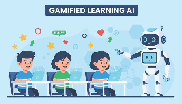 Primary school students engage in interactive lessons on laptops with guidance from a friendly educational robot helper in class.