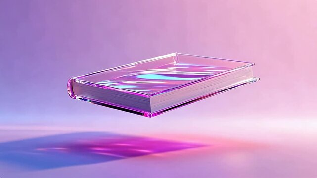 Floating glass book with purple glow