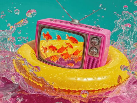 Surreal retro television with goldfish floating in colorful inflatable ring
