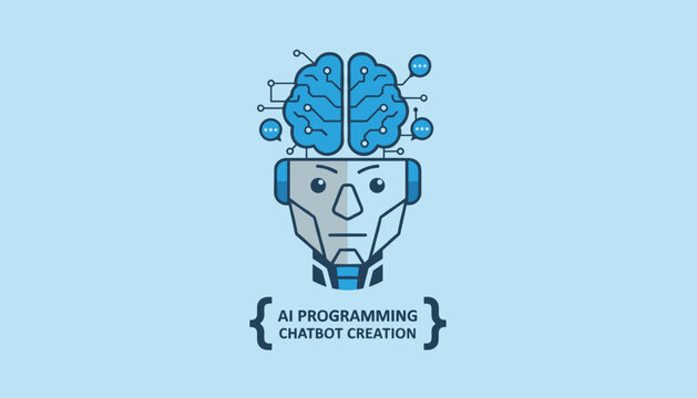 Graphic illustration of a robot with a visible electronic brain for artificial intelligence programming and chatbot creation.