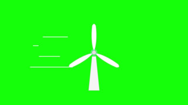 Wind turbine icon rotates against a solid green background representing renewable energy and sustainable power.