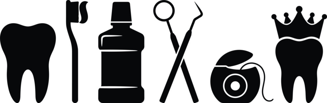 Horizontal dental care silhouette icon set featuring tooth toothbrush mouthwash dentist tools dental floss and crowned tooth vector illustration.