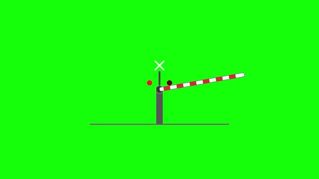 Railway barrier gate lowers to block incoming traffic at a level crossing marked by a warning signal light post.