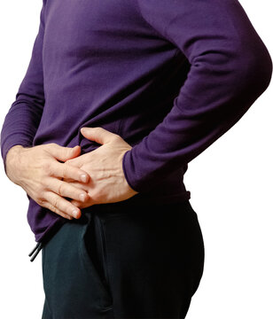 Man Holding Side in Pain Representing Kidney Ache Appendicitis or Abdominal Spasm on White Background