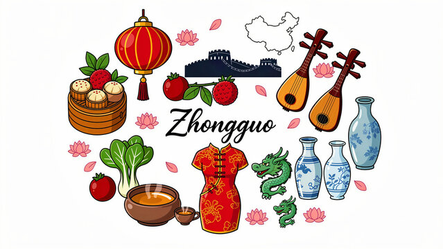 Chinese cultural icons set including dim sum, lantern, and Great Wall. Traditional elements like qipao and porcelain vases are featured. Heritage concept for tourism and cultural education.