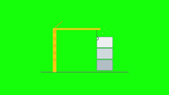 Tower crane lifts modular building blocks into a vertical stack during a construction project on green background.