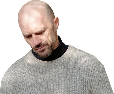 Sad Middle-Aged Bald Man Looking Down with Depressed and Pensive Expression Isolated on White Background