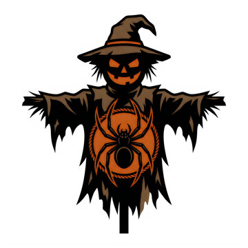 Pixel art scarecrow with a spider symbol wearing a witch hat for halloween celebration