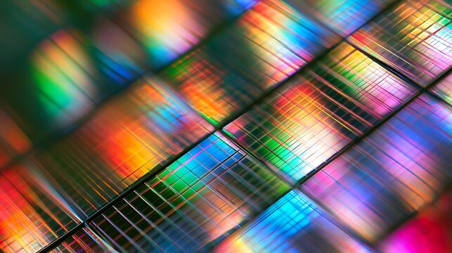 Abstract macro shot of a colorful silicon wafer surface.