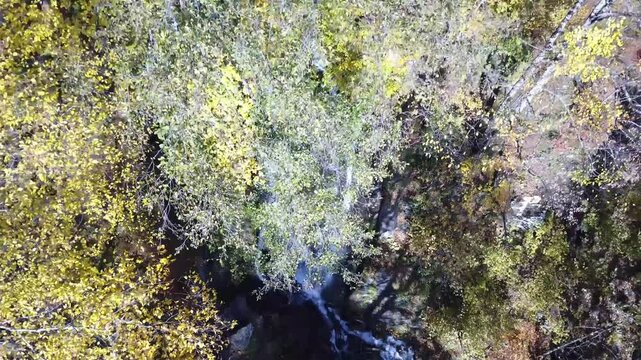 Aerial view of Keivu waterfall cascading through vibrant autumn foliage and rocky terrain in Krasnaya Polyana, Russia.