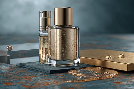 Premium luxury perfume bottle with gold accents and textured dark surface