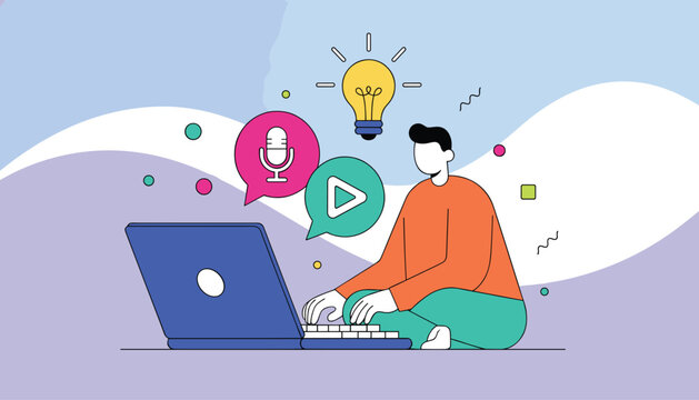 Creative freelancer sitting and working on laptop with multimedia icons like microphone, play button, and glowing lightbulb.