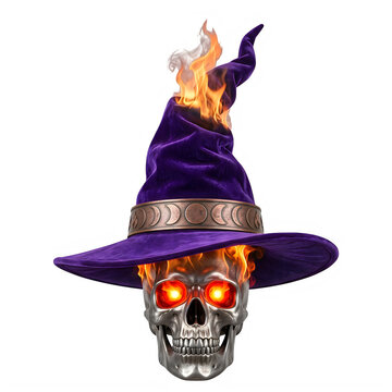 Spooky human skull wearing a purple burning witch hat with fire flames isolated on black background