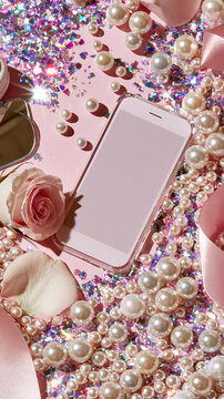 Smartphone flat lay with pearls roses and luxury feminine accessories