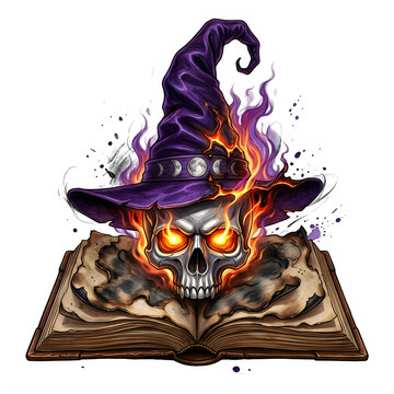 Burning human skull wearing a purple witch hat over an open ancient magic spell book