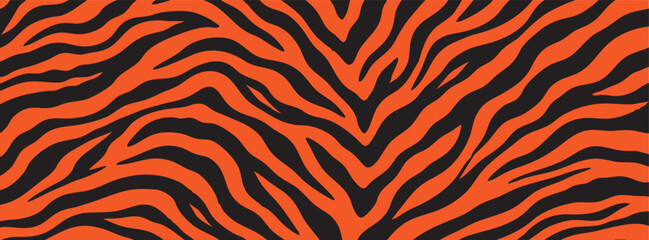 tiger stripe pattern background. Abstract animal print design with bold black and orange wavy lines for fashion, textile, wallpaper, and creative projects. © Zbrake Studio