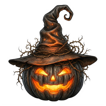Spooky carved halloween pumpkin with a witch hat isolated on a transparent background