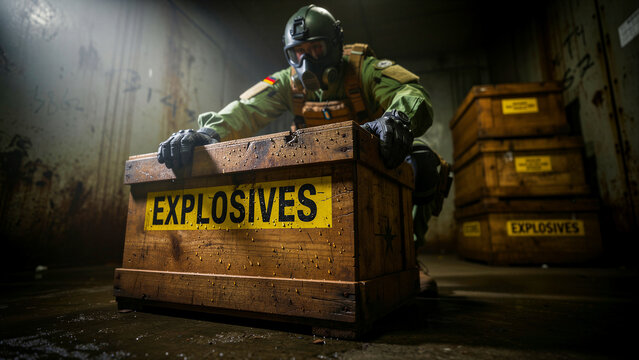 Soldier in tactical gear opening wooden explosives crate. Specialist in gas mask working in dark bunker. Military security and hazard disposal concept for defense industry marketing.