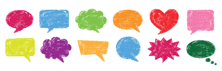 Collection of various hand-drawn speech bubbles and thought balloons in different shapes and bright colors, isolated on a white background for design. © Zbrake Studio