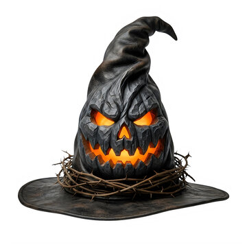 Spooky halloween witch hat with glowing pumpkin face isolated on a transparent background