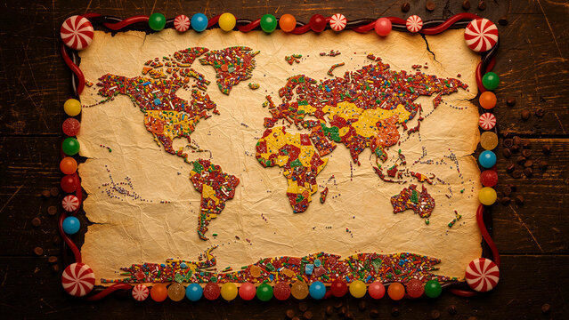 World map created from colorful candy sprinkles on vintage parchment. Vibrant sweets and gumballs frame the map on a rustic wood table. Global travel and sweet confectionery marketing concept.