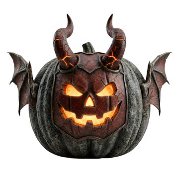 Spooky demon pumpkin with horns and bat wings for halloween isolated on a transparent background