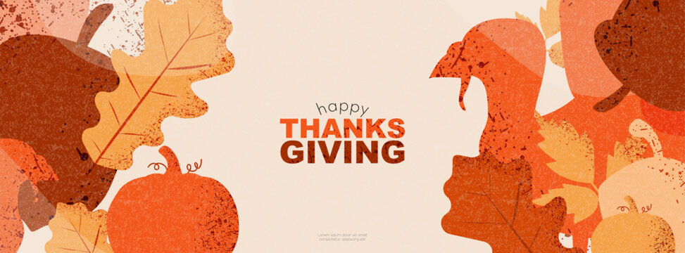 Happy Thanksgiving banner. Modern autumn background with leaves, acorns, pumpkins, and turkey.	