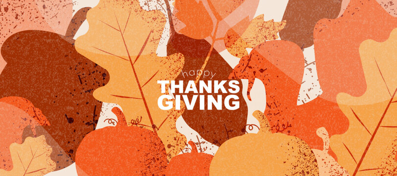 Happy Thanksgiving banner. Modern autumn background with leaves, acorn, pumpkin, and turkey.	