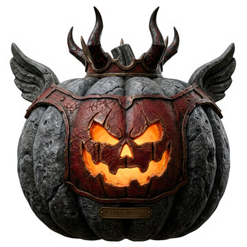 Evil stone pumpkin character with wings and a crown isolated on a transparent background