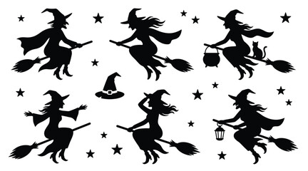 Set of halloween witch silhouettes flying on broomstick vector illustration black witches with magic hat, stars, cauldron, cat, lantern icon collection © MstSuma