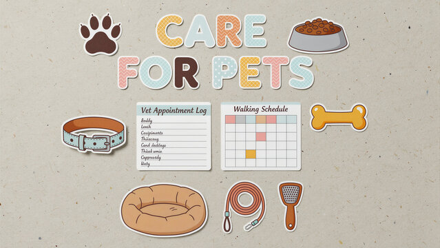 Pet care icon set with vet log and walking schedule on paper. Illustration includes dog collar, leash, bed, and bowl. Animal welfare concept, for pet ownership and clinic marketing.