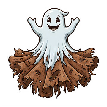 Cute happy ghost character emerging from a pile of autumn leaves for halloween celebration
