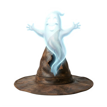 Cute cartoon ghost coming out of an old brown witch hat for halloween celebration