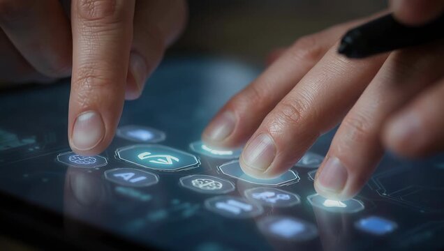 Hands Interacting with a Touchscreen Display in a Dimly Lit Environment