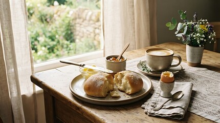 Fototapeta premium Cozy breakfast scene with fresh bread, coffee, and a soft-boiled egg by a sunlit window.