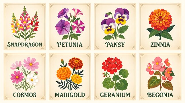 Collection of popular garden flowers depicted in a vintage botanical illustration style with names ideal for gardening education seed packaging or floral design