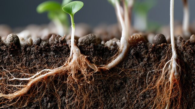 Close-up of plant seedling roots growing in rich, dark soil, showcasing the vital underground network. This image highlights the intricate root system and the beginnings of new life.