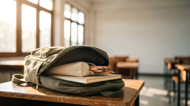 Back to school: A backpack on a classroom desk, ready for new school life. Prime copy space for advertising or news.