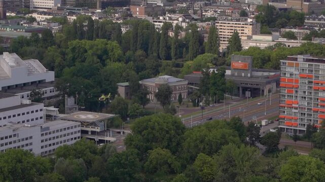 Wide aerial view of Rotterdam city skyline showing the lush green foliage of Het Park in the foreground, Zalmhaven tower, and Erasmus Bridge across the river.