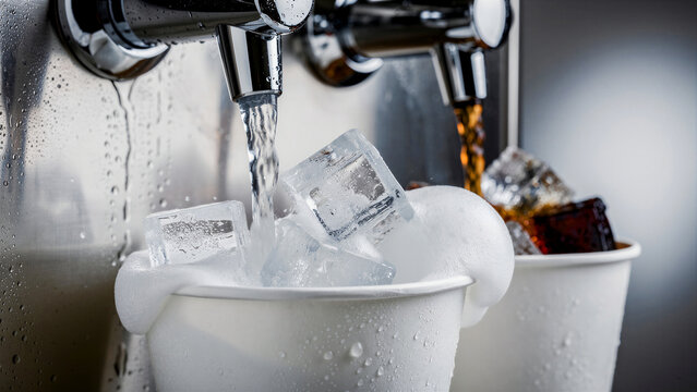Soda fountain pouring drinks into cups with ice. Dispenser filling beverages at a self-service station. Refreshing soft drink concept, ideal for fast food marketing and refreshment services.
