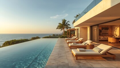 Fototapeta premium Luxury Infinity Pool Terrace Overlooking the Ocean at Sunset